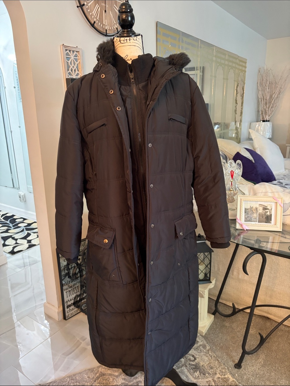 Women’s Long Black Puffer Coat with Faux Fur Trim
